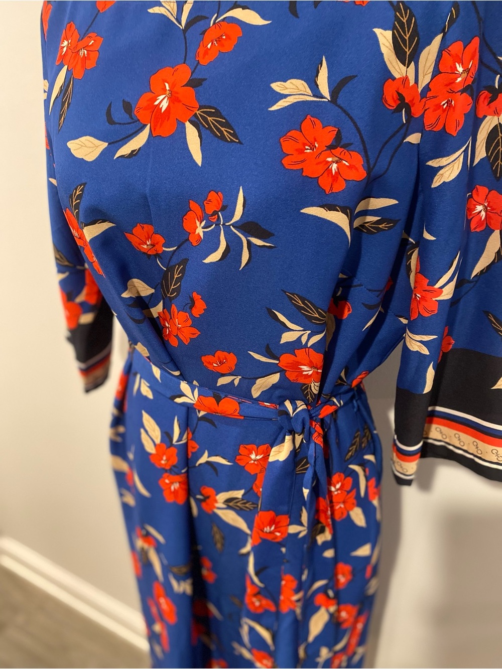 Petite Ann Taylor Blue Midi Dress with Red Floral Print - Picture 3 of 5